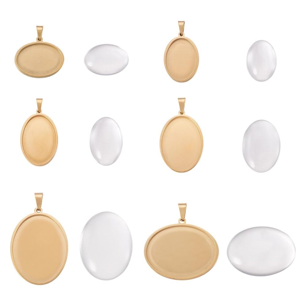 4184 6 Sets Glass Cabochons Flatback Memory Pendants Golden Blank Bezel